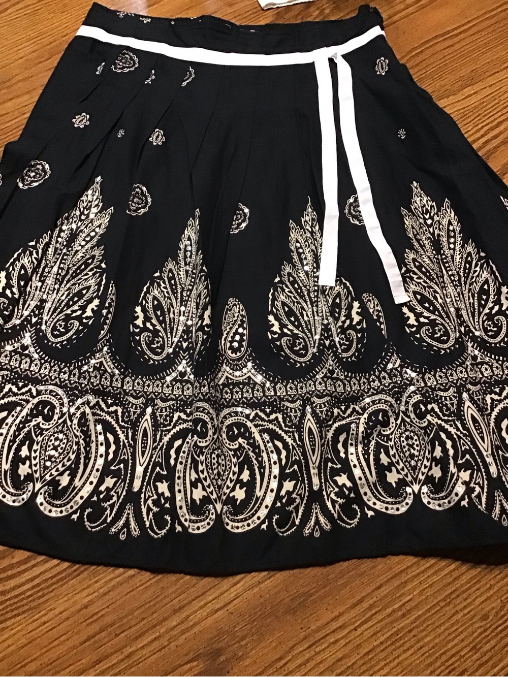 Cotton Express Black Skater Skirt with Cream Paisley Border and Waist Tie